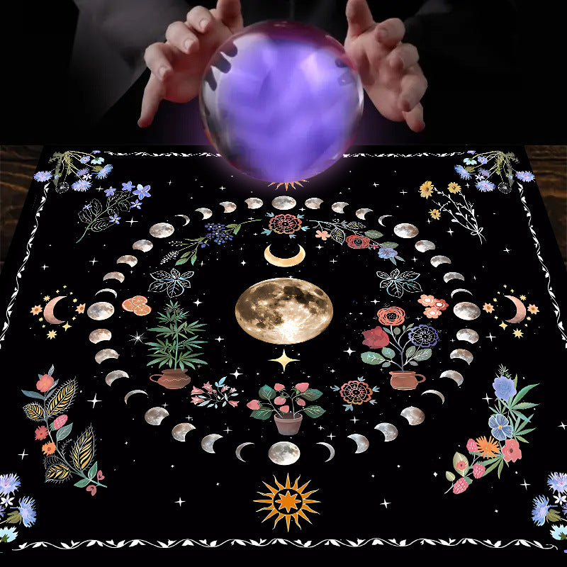 Nappe décorative Tarot, jeu de société, mandala, phases de la lune, motif floral et papillon.