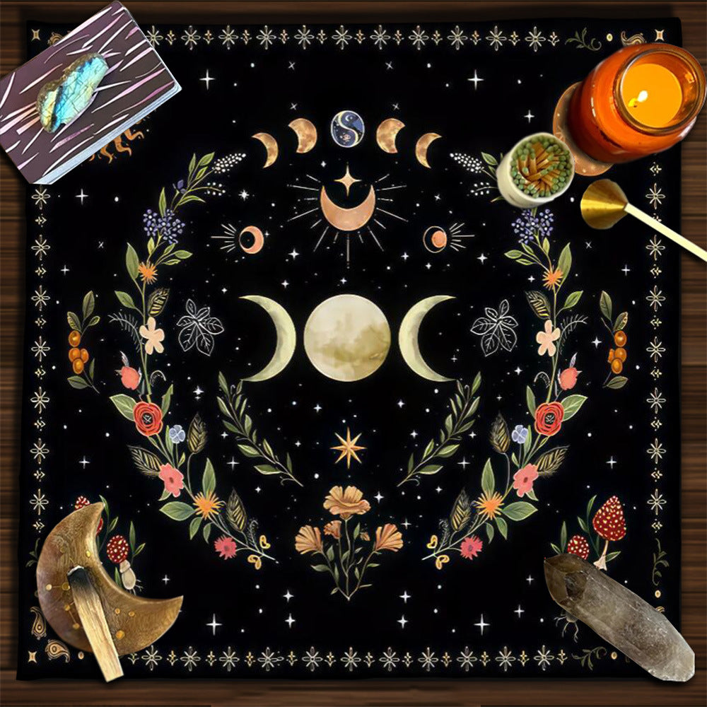 Nappe en flanelle motif tarot, coussin, lune et soleil, arbre porte-bonheur