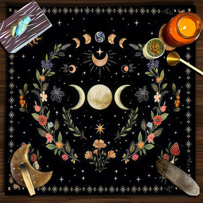 Nappe en flanelle motif tarot, coussin, lune et soleil, arbre porte-bonheur